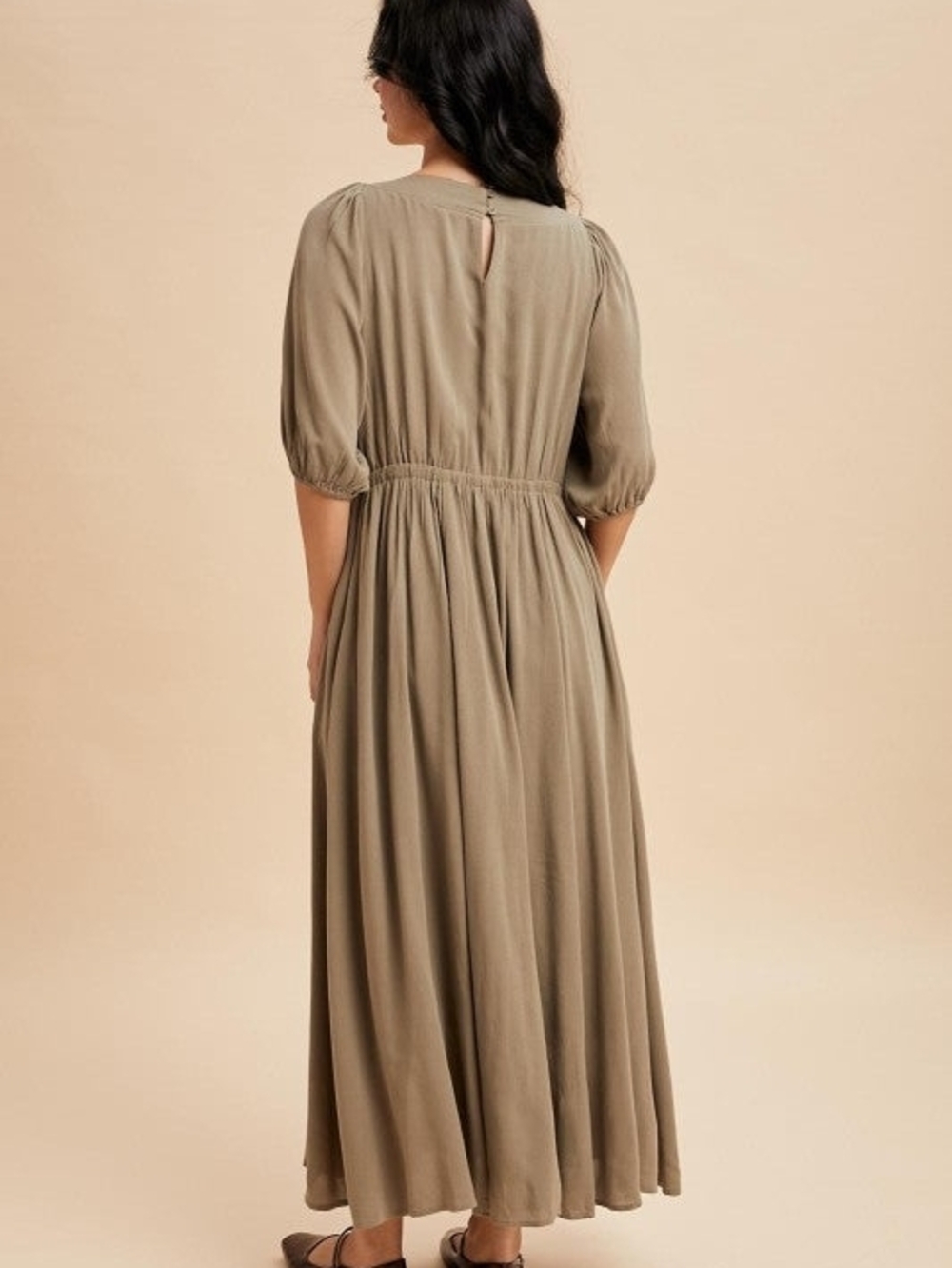 Crochet Bodice Maxi Dress in Olive with Puff Sleeves - Picture 6 of 13